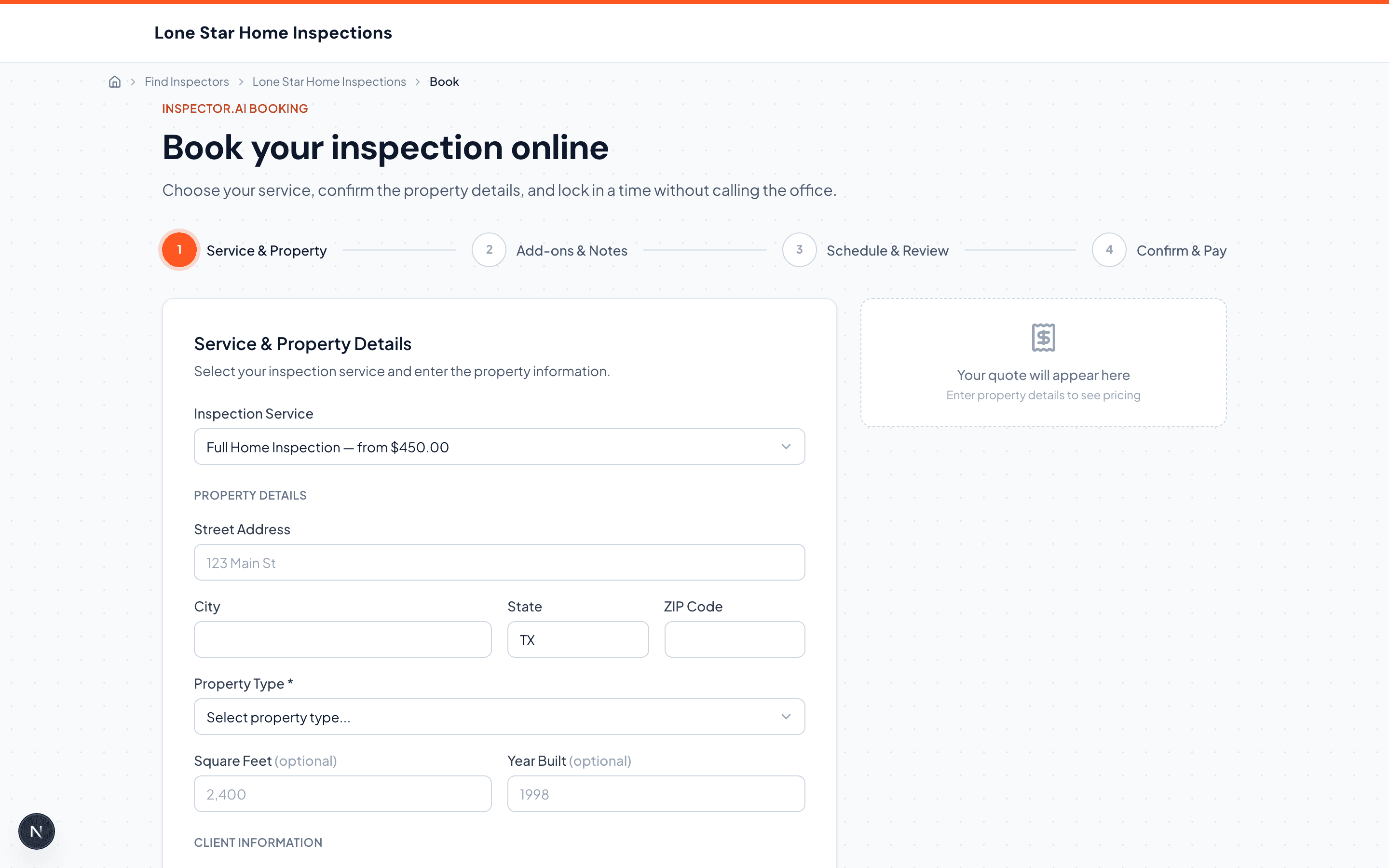 A VLX Home online booking flow embedded on an inspector's website