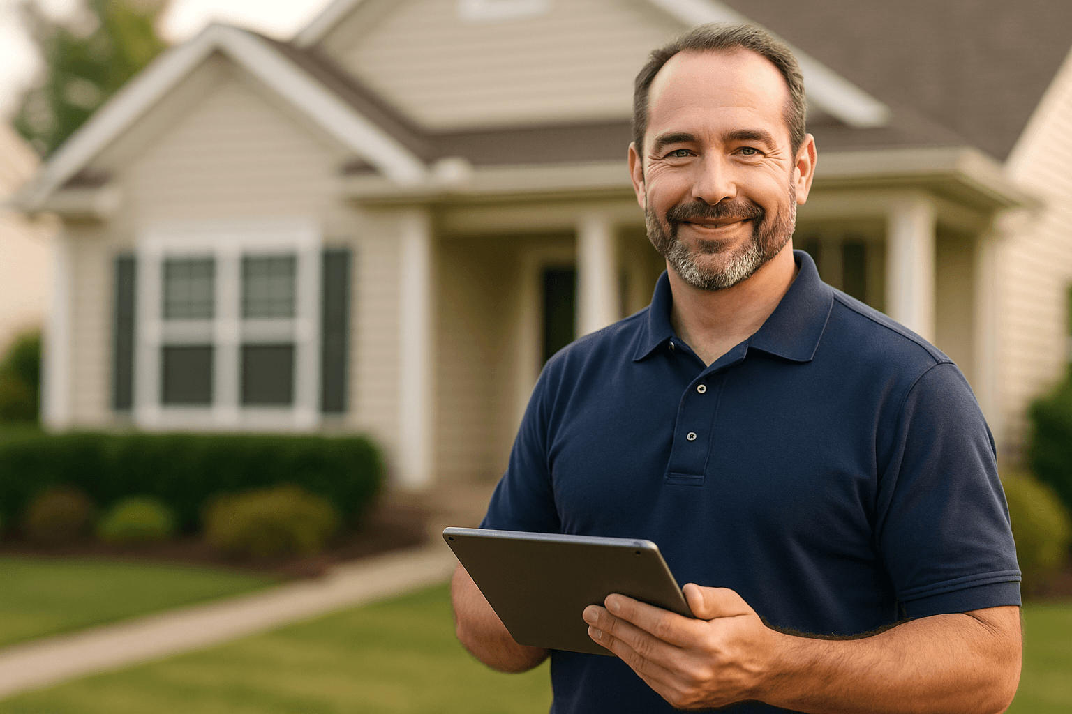 A licensed home inspector reviewing findings on a tablet in front of a house